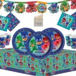 PJ Masks 50 Pezzi di Articoli per la Festa di Compleanno per Bambini Set di stoviglie compresi Banner in Cartone, Piatti, Tazze, tovaglioli e tovaglie - per 16 Persone