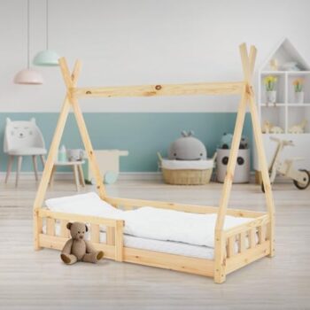 ML-Design Lettino per Bambini Design Teepee con Sponde Protezione Anticaduta Recinzione Rete a Doghe 70 x 140 cm Letto Tenda Indiana da Gioco in Legno di Pino Massiccio Naturale per Cameretta Casa