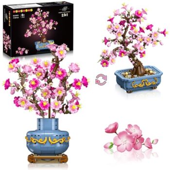 HOGOKIDS, set di bonsai con fiori di ciliegio, 2 in 1, pietre artificiali, decorazione per la casa, esposizione, creazioni con ciliegio, fiori botanici, giocattolo da costruzione, regalo di compleanno