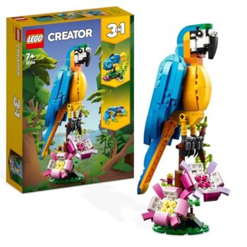 LEGO 31136 Creator Pappagallo Esotico, Set 3 in 1 con Pesce e Rana, Animali Giocattolo per Bambini da 7 Anni in su, Giochi Creativi con Figure della Giungla