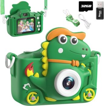 Macchina Fotografica Bambini Dinosauro, 2" 1080P Fotocamera Bambini, HD Selfie Fotocamera Per Bambini 32G, Regalo per bambino e bambina 3 4 5 6 7 8 9 10 11 12 Anni, Regali Giocattolo (Verde)