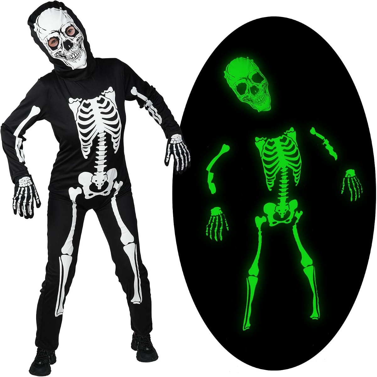 Costume Scheletro con Cappuccio e Maschera Teschio