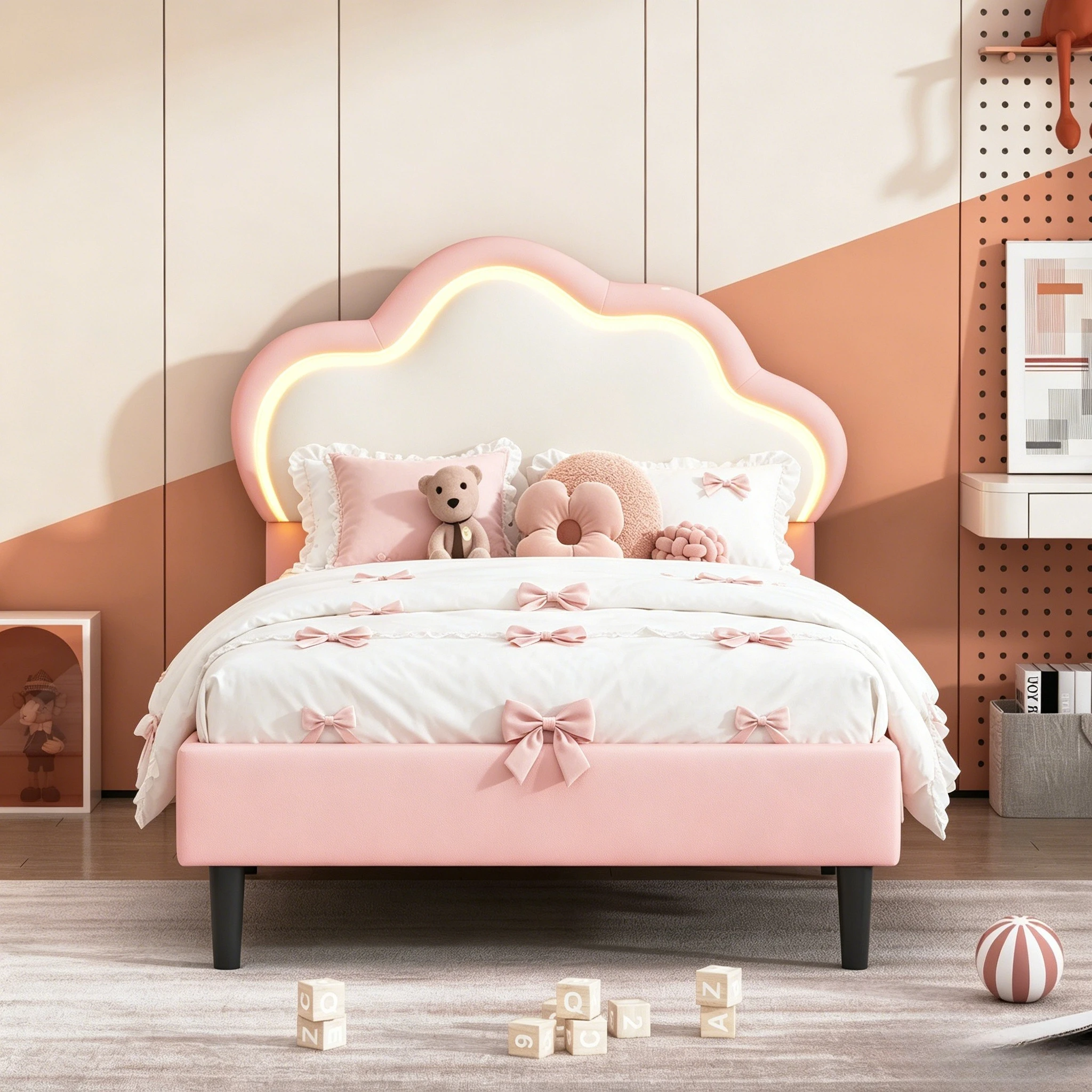 Letto a nuvola per bambini 90x200cm, letto singolo con luci LED per camera da letto, letto imbottito per bambini con testiera regolabile, PU, rosa