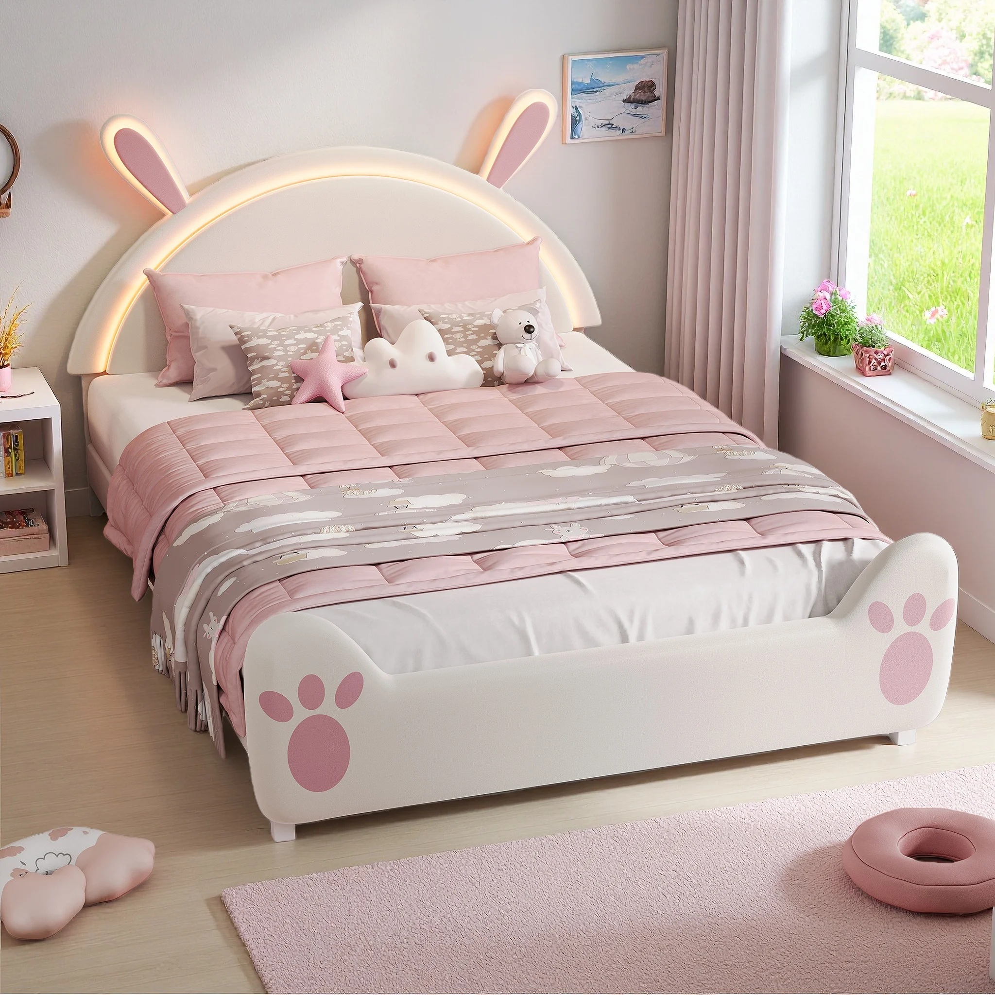 Letto per bambini Rosahqnda con illuminazione a LED, 90/140x200 cm, testiera a forma di coniglio, per camera da letto per bambina, velluto, rosa