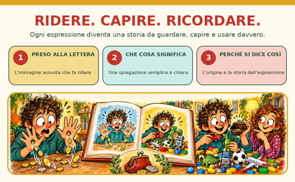 Schema illustrato del libro: prendere alla lettera il modo di dire, capirne il significato e scoprire perché si dice così.