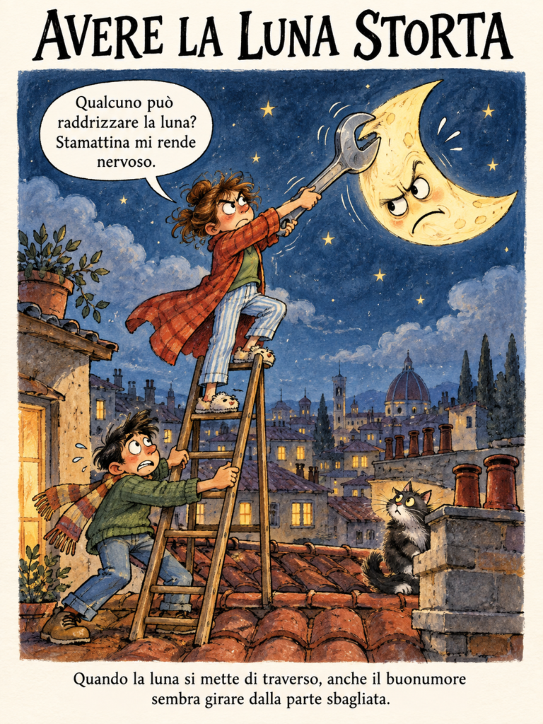 Illustrazione del modo di dire avere la luna storta: un ragazzo prova a raddrizzare una luna con una chiave inglese.
